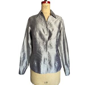 Worthington Womens Collared Top Silver Gray Button Front Blouse Long Sleeve M